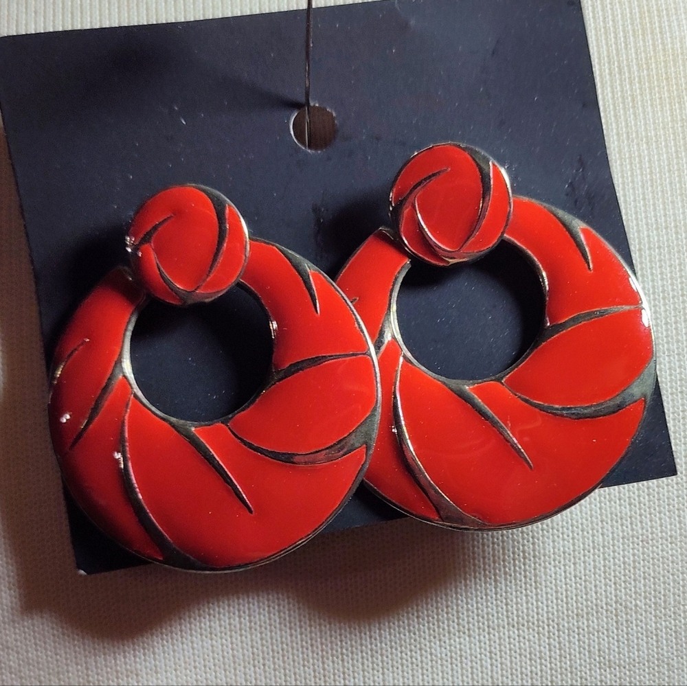 Bold Red Silver Enameled Hoop Door Knocker Style Earrings NWOT